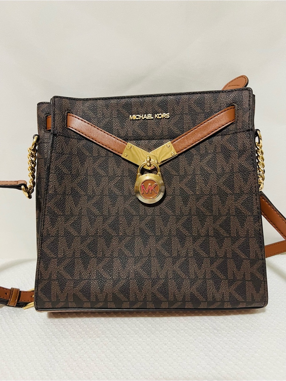 Michael Kors Brown MK Monogram Crossbody with Gold Accents